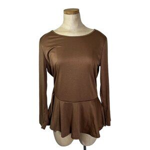 Grace Karin women's blouse M brown peplum hem long sleeve cotton poly blend NWT